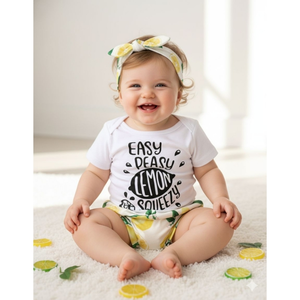 ​Easy Peasy Lemon Squeezy Baby Girl Outfit Set Lemon Print Bummies Graphic Tee